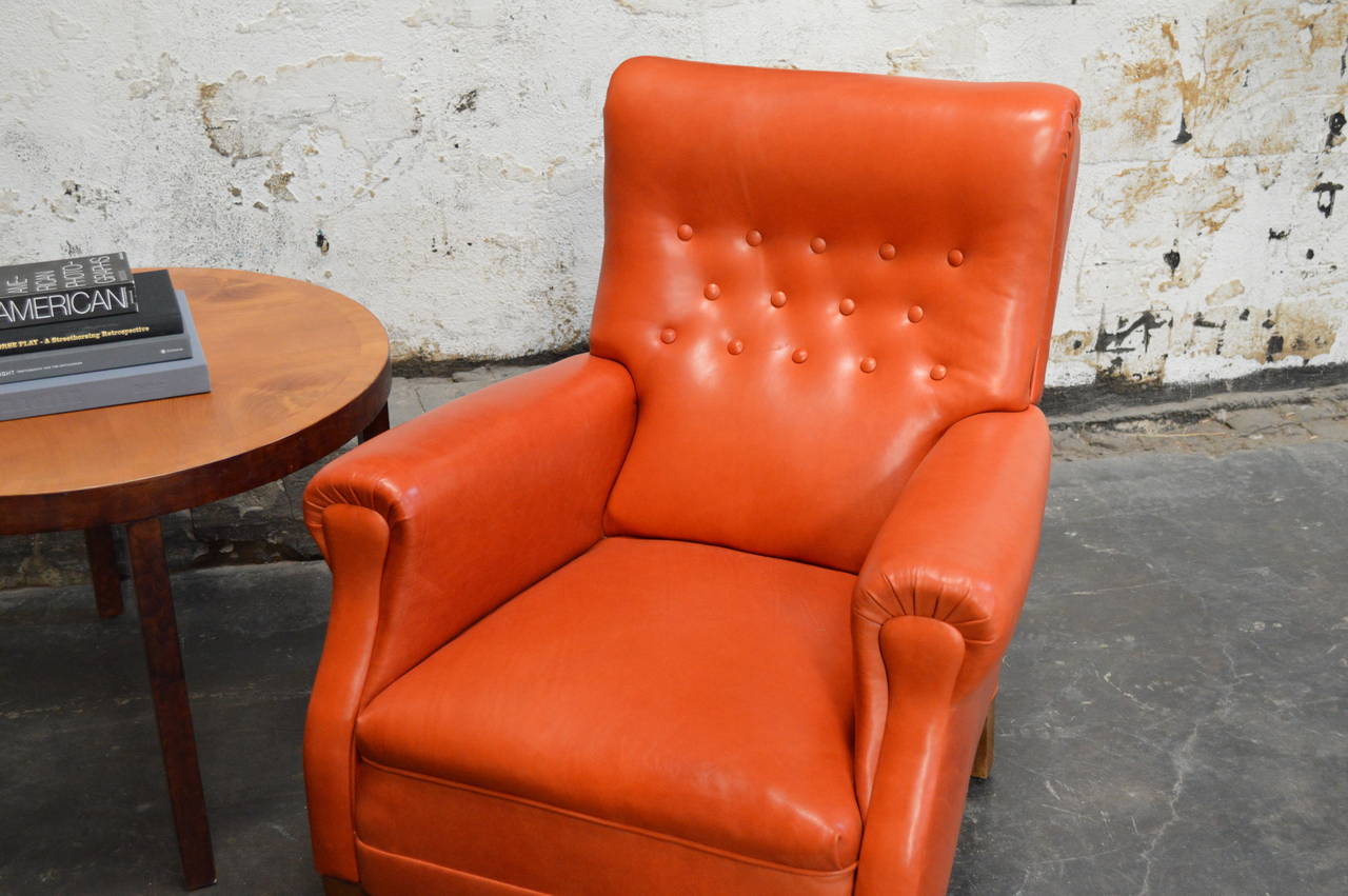 Vintage Swedish Orange Leather Lounge Chair 2