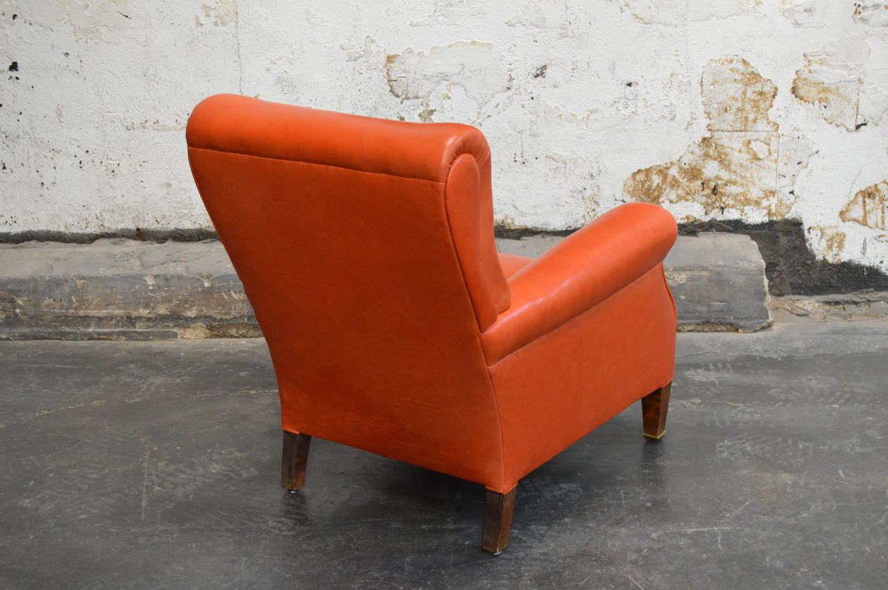 Vintage Swedish Orange Leather Lounge Chair In Excellent Condition In Atlanta, GA