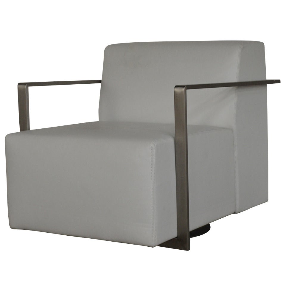 Vintage Modern White Leather Swivel Chair