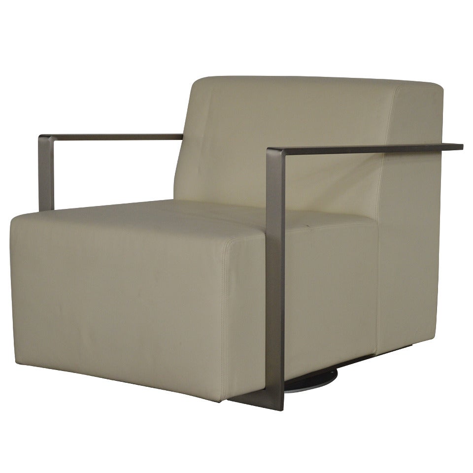 Vintage Modern Ivory Leather Swivel Chair