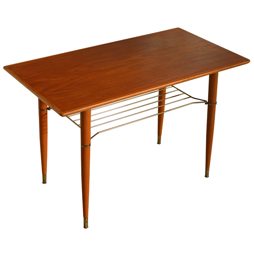 Mid-Century Modern Teak Table with Brass Shelf, Sweden circa 1950 For Sale
