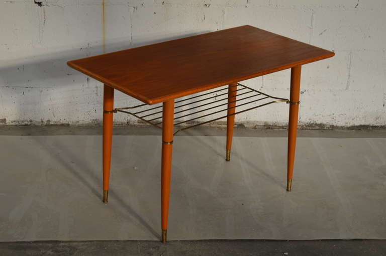 Mid-Century Modern Teak Table with Brass Shelf, Sweden circa 1950 For Sale 4