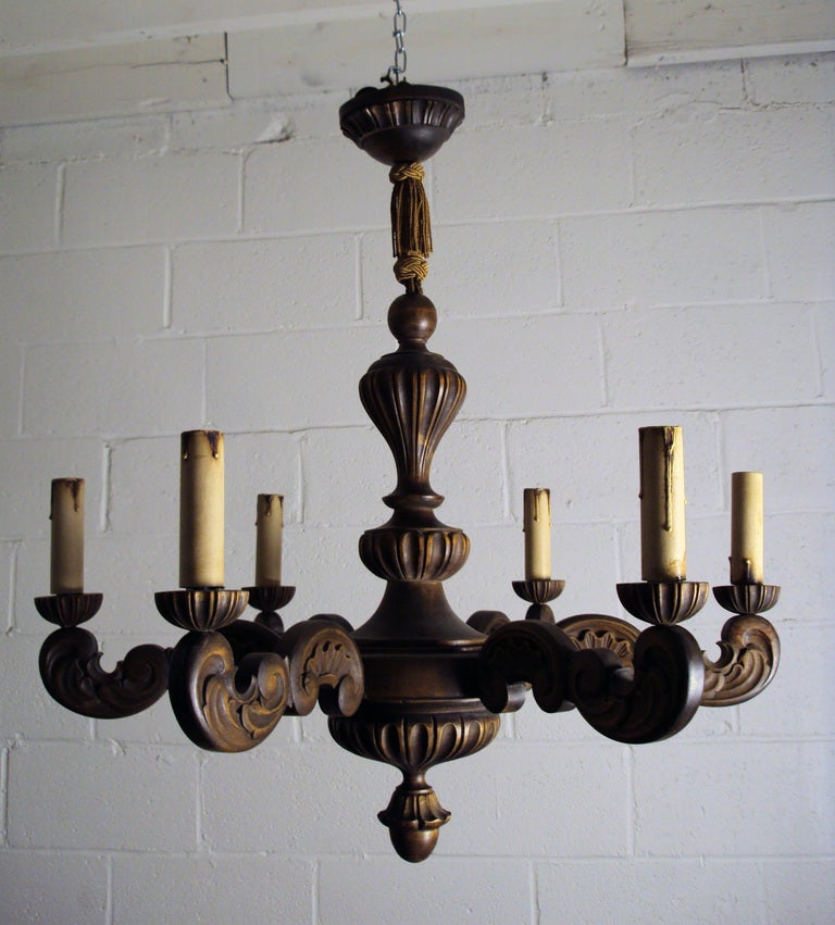 Vintage Swedish Carved Wood Rococo Style 6-Arm Chandelier 