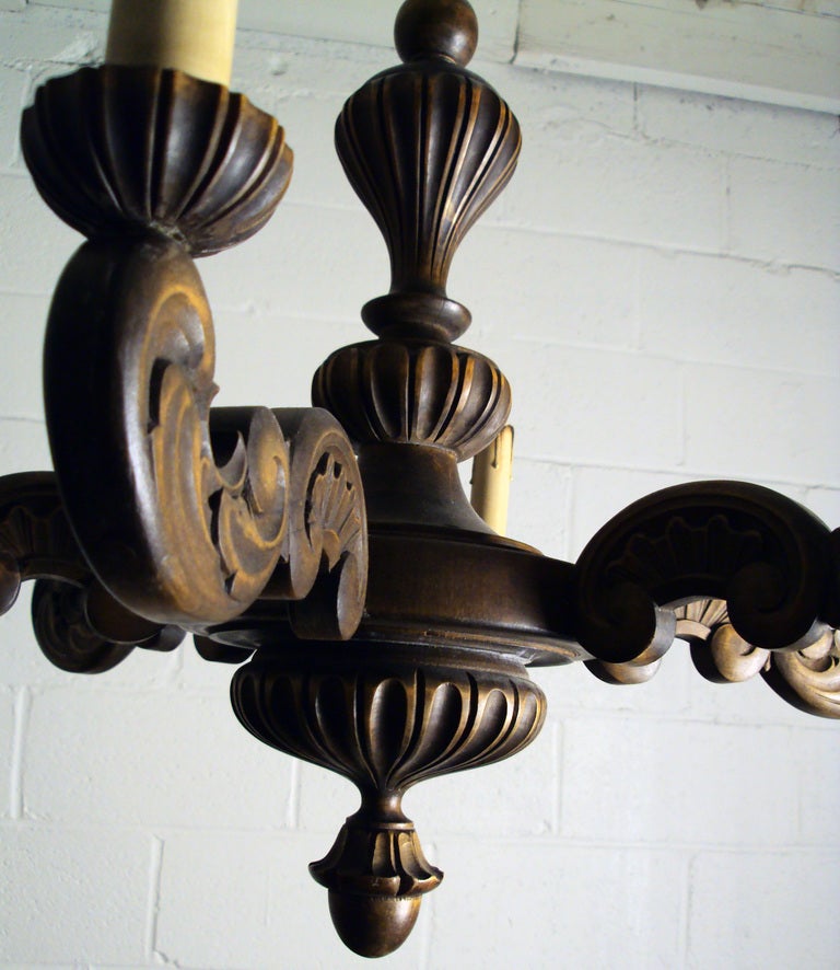 Vintage Swedish Carved Wood Rococo Style 6-Arm Chandelier In Excellent Condition In Atlanta, GA