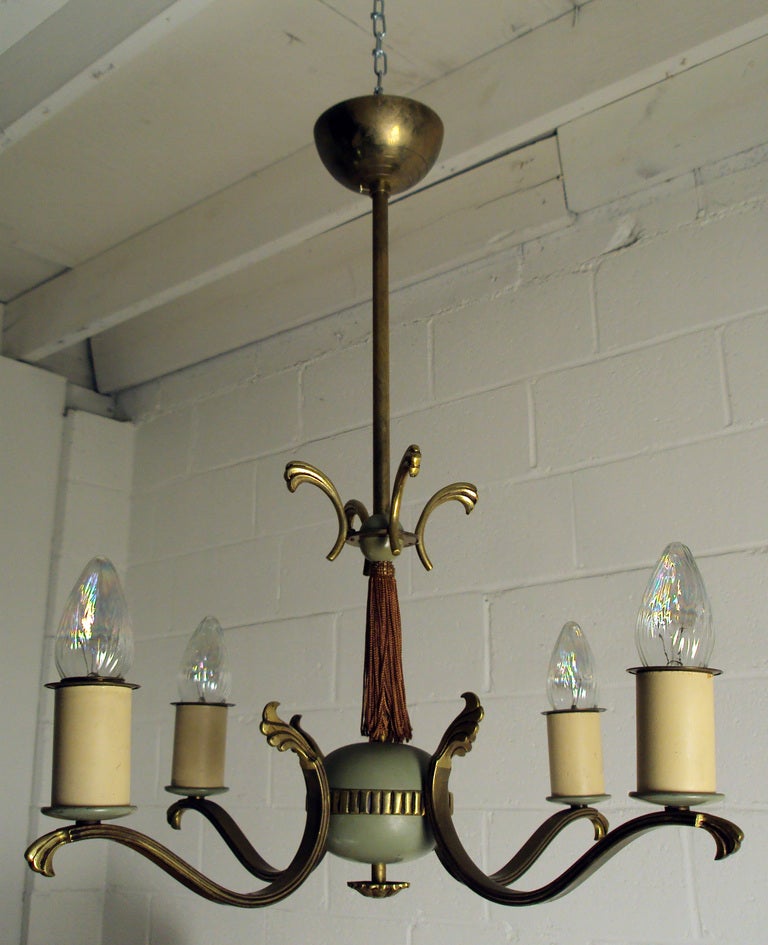 Vintage Swedish Art Deco 4-Arm Chandelier.  Antique brass finish with celadon center bowl and russet cord tassel.  Newly rewired to US standards.