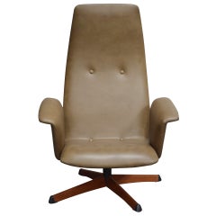 Vintage Swedish Mid-Century Leather Swivel Arm Chair