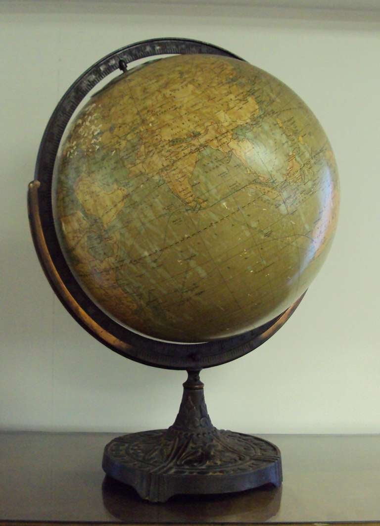 Denoyer-Geppert Co. Cartocraft 16 inch globe... Edited by L.P. Denoyer... Denoyer-Geppert Co. Chicago. c 1947-1953. Dull paper gores over plasterboard, later time dial at North Pole. Oceans finished in pea green with International Date Line,