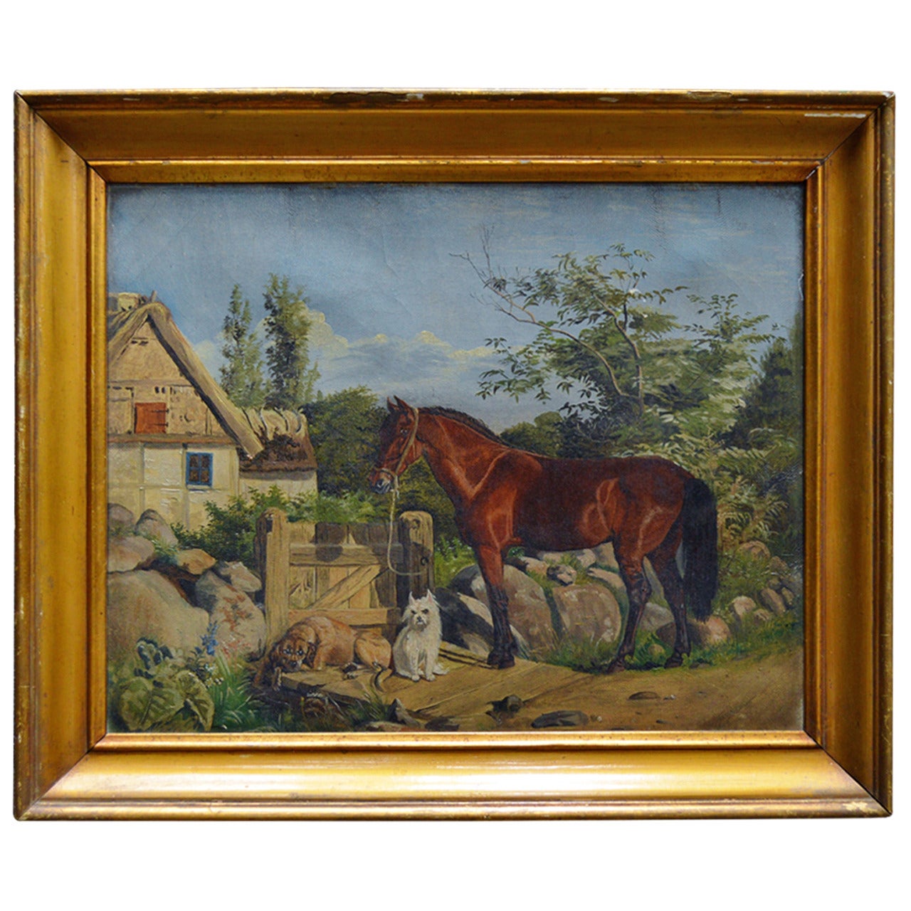 Antique Framed Flemish Equine and Dog Painting