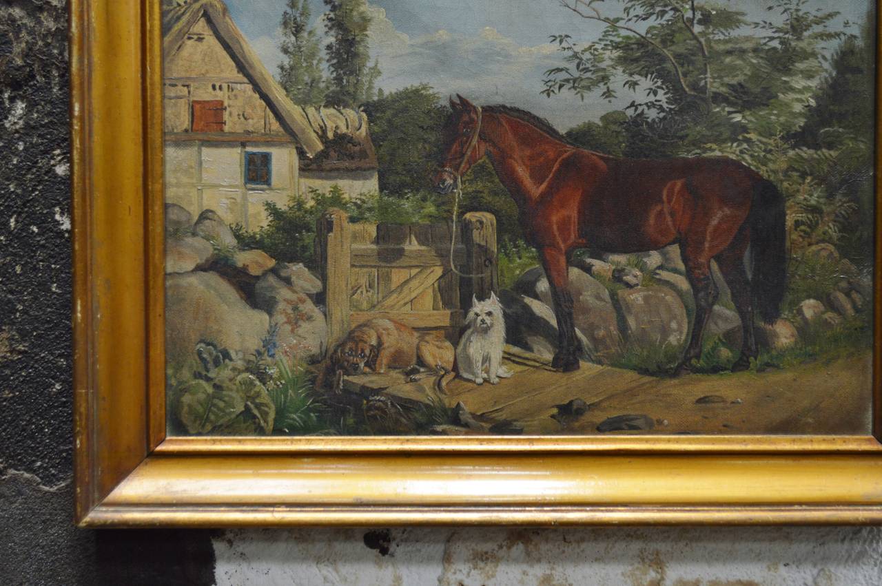 Belgian Antique Framed Flemish Equine and Dog Painting For Sale
