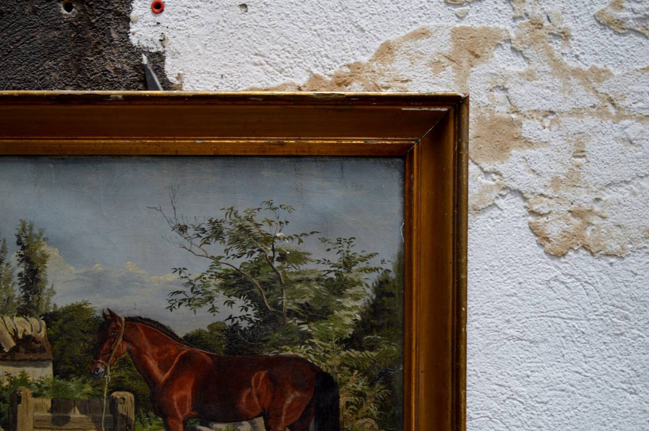 Early 20th Century Antique Framed Flemish Equine and Dog Painting For Sale