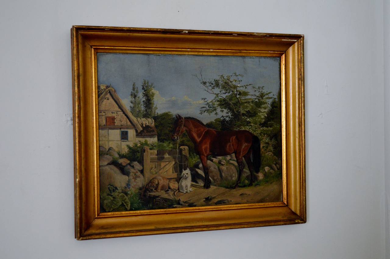 Antique Framed Flemish Equine and Dog Painting For Sale 1