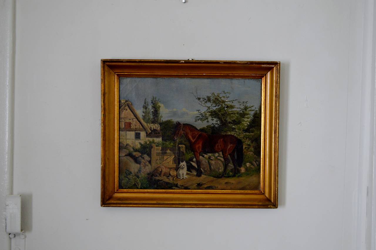 Antique Framed Flemish Equine and Dog Painting For Sale 2