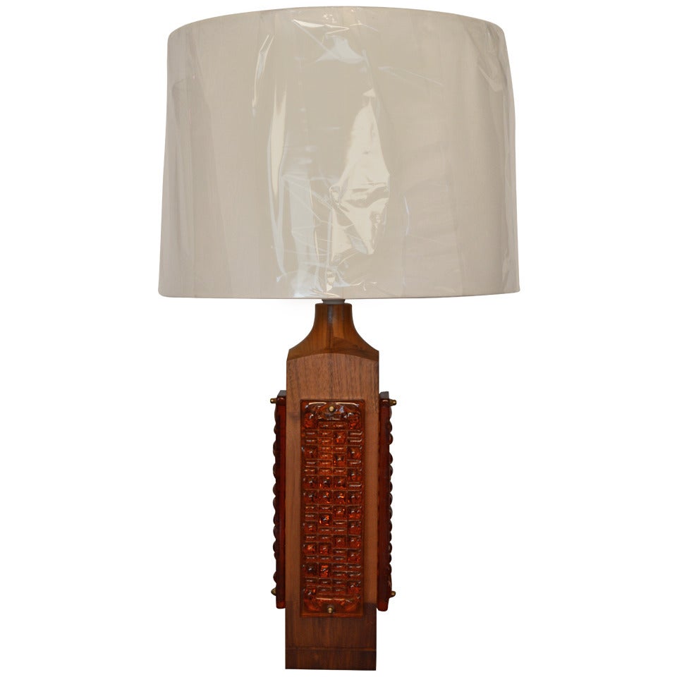 Mid Century Teak and Amber Glass Table Lamp