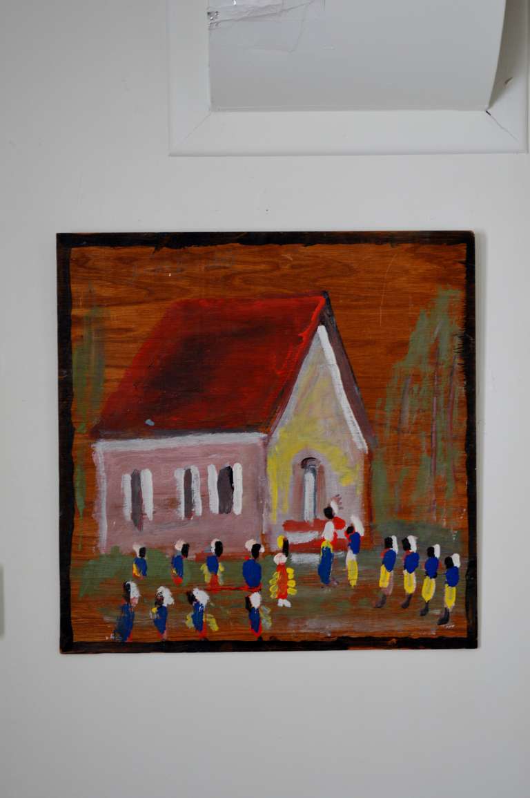 Original painting of a one-room school house by native Alabama self-taught folk artist Jimmy Lee Sudduth (1910 - 2007).  Primitive, mixed media, mud and acrylic paint applied by fingers, on plywood board.  Dimensions:  24