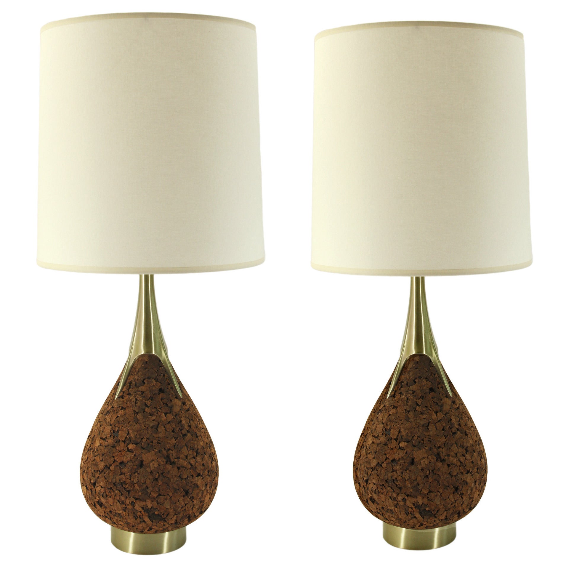 Pair of Laurel Mid-Century Cork and Brass Teardrop Lamps