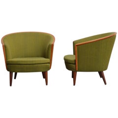 Exquisite Rare Pair of Mid-Century Barrel Back Lounge Chairs