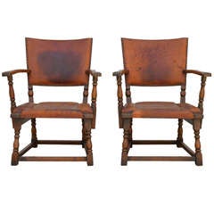 Antique *SALE* Pair of 1920's German Lodge Leather Arm Chairs with Original Saddle Leather