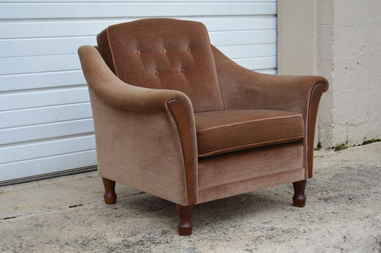 Swedish Vintage Tailored Mohair Velvet Chairs with Flared Arms and Button Tufting