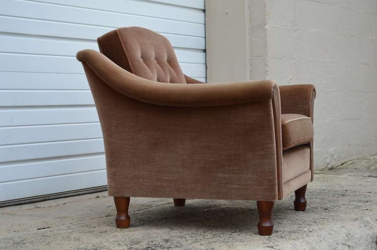 Late 20th Century Vintage Tailored Mohair Velvet Chairs with Flared Arms and Button Tufting