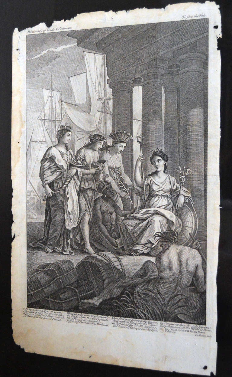 Engraved Allegorical Frontispiece, The Dictionary of Commerce & Trade c. 1757 In Distressed Condition In Atlanta, GA