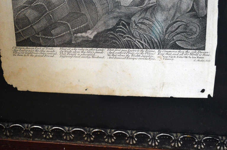 Frontispice allégorique gravé du Dictionary of Commerce & Trade, datant d'environ 1757 Abîmé à Atlanta, GA
