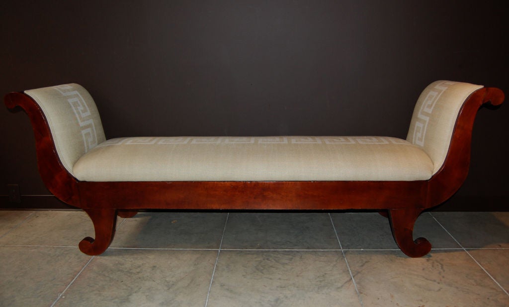 Country Swedish Karl Johan (Biedermeier)sofa restyled as a recamier - or backless bench or settee.  Crafted in rich flame birch and newly upholstered in tan/taupe linen with a white Greek key pattern over eight-way hand-tied construction.<br />
<br