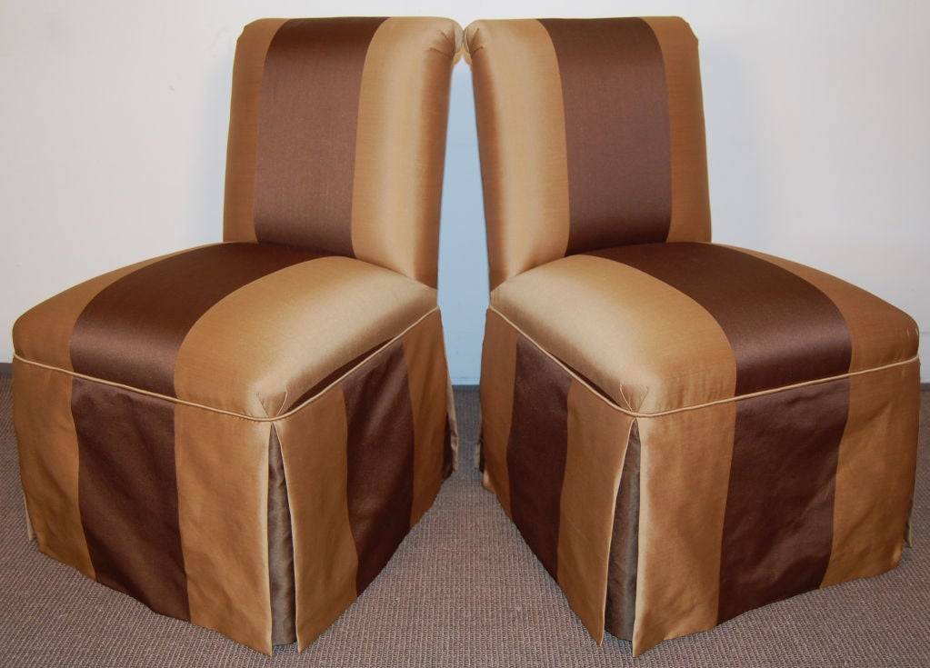 Pair of restored vintage Swedish slipper chairs c. 1940.  Newly upholstered in a wide gold and chocolate taffeta silk with lined waterfall skirts.  Perfect accent chairs or additional seating.<br />
<br />
Fabric swatch available upon request.