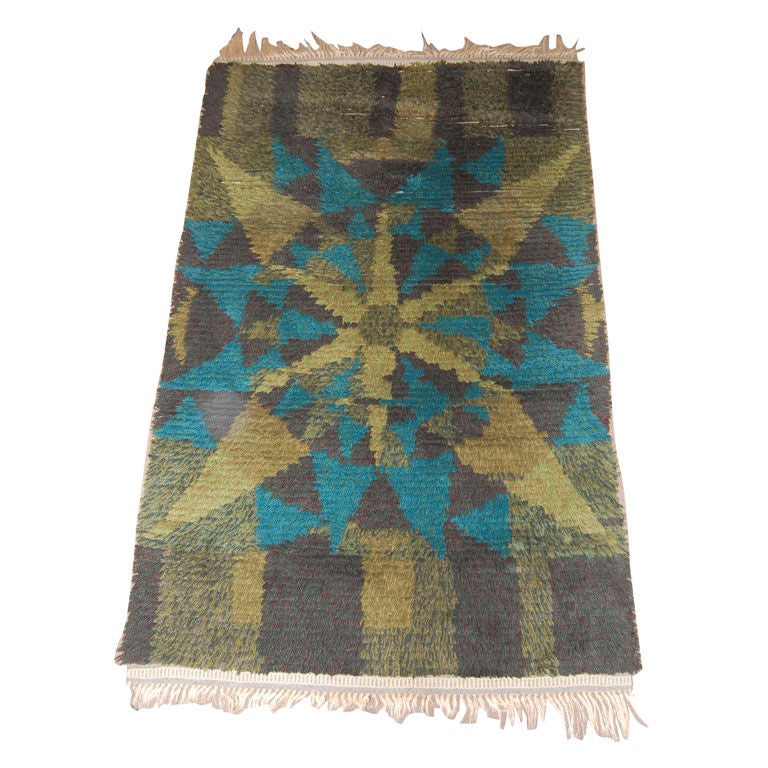 Vintage 1960
s Swedish Modern Hand-Knotted Rya Rug 4 x 6