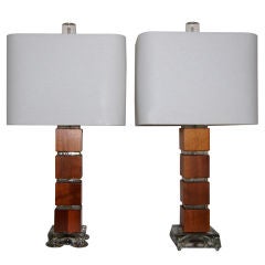 Pair of Swedish Mid-Century Teak and Art Glass Table Lamps