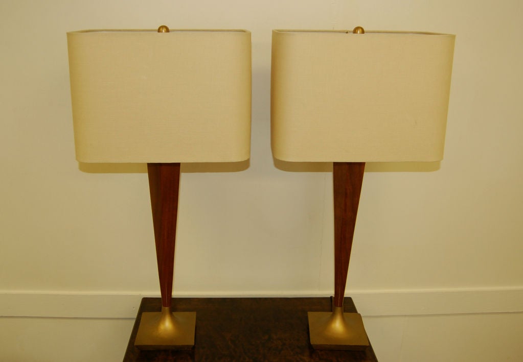 American Pair of Mid-Century Modern Teak and Brass Table Lamps