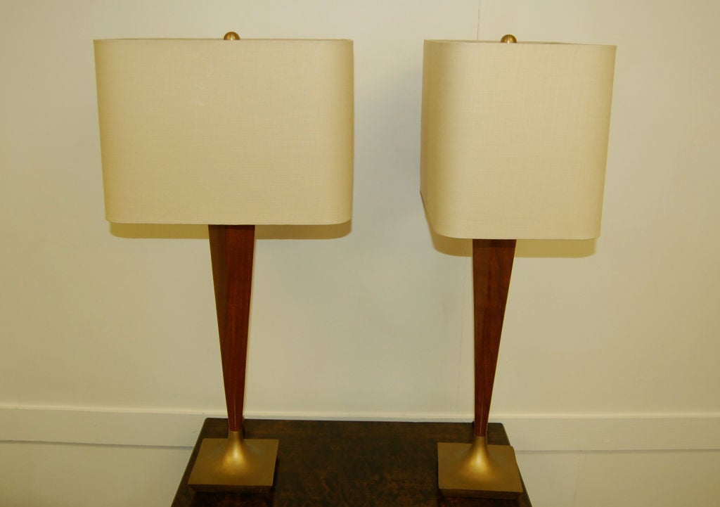 Pair of Mid-Century Modern Teak and Brass Table Lamps In Excellent Condition In Atlanta, GA