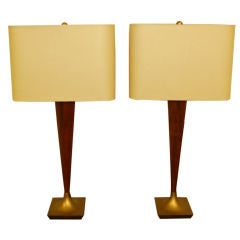 Pair of Mid-Century Modern Teak and Brass Table Lamps