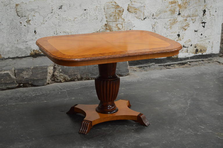 Swedish Art Deco rectangular golden elm end or side table. Beautifully detailed with Carpathian elm border on the top and carved edge detail. Height is adjustable from 25