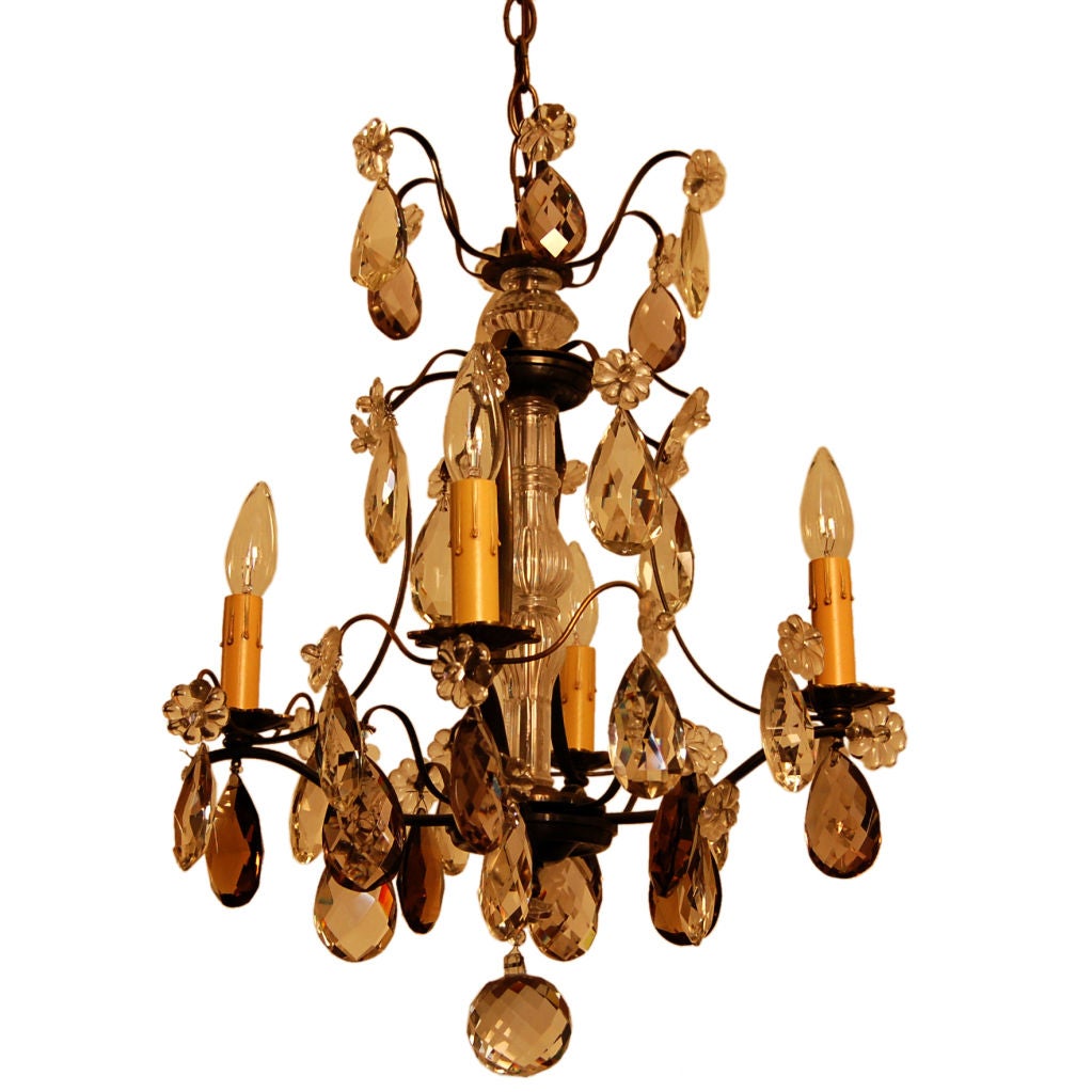 Swedish Baroque Style Clear and Cognac Crystal Brass Chandelier For Sale