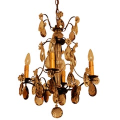 Vintage Swedish Baroque Style Clear and Cognac Crystal Brass Chandelier