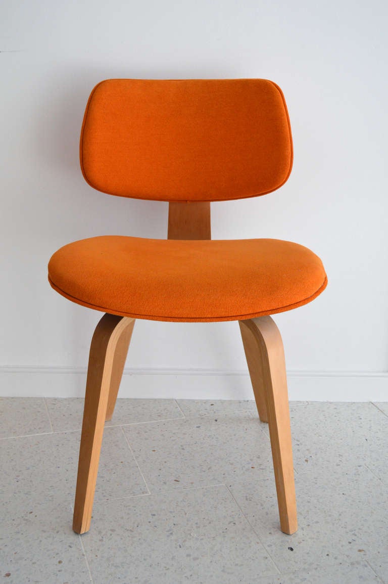 Vintage, 1950’s Thonet molded plywood side or desk 
chair with covered upholstered seat and back in Donghia 
