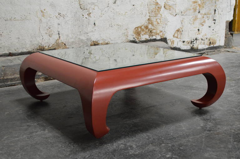 Chinese red opium leg coffee table with custom antiqued mirror top. 