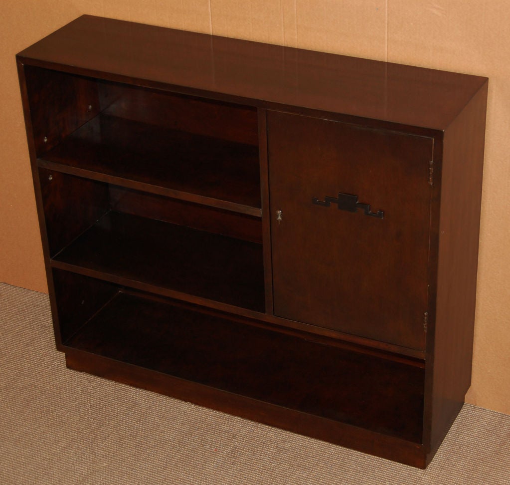 Carved Swedish Art Deco Functionalist Dark Flame Birch Bookcase Cabinet