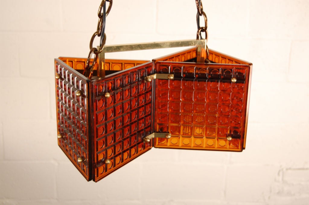 Mid-Century Burnt Orange Art Glass and Brass Pendant Chandelier 4