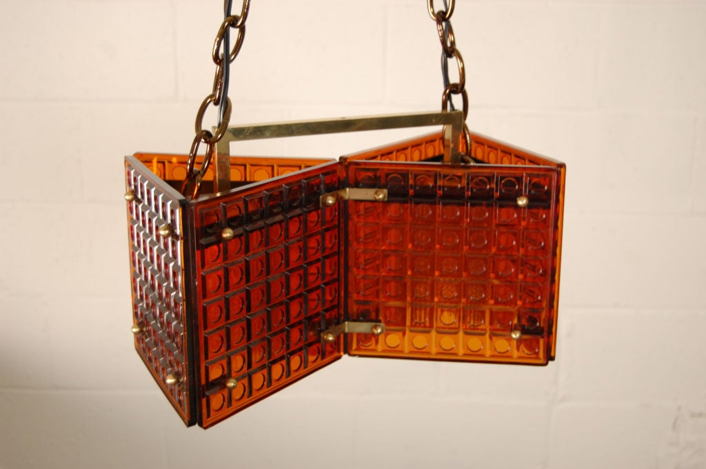 Mid-Century Modern Mid-Century Burnt Orange Art Glass and Brass Pendant Chandelier