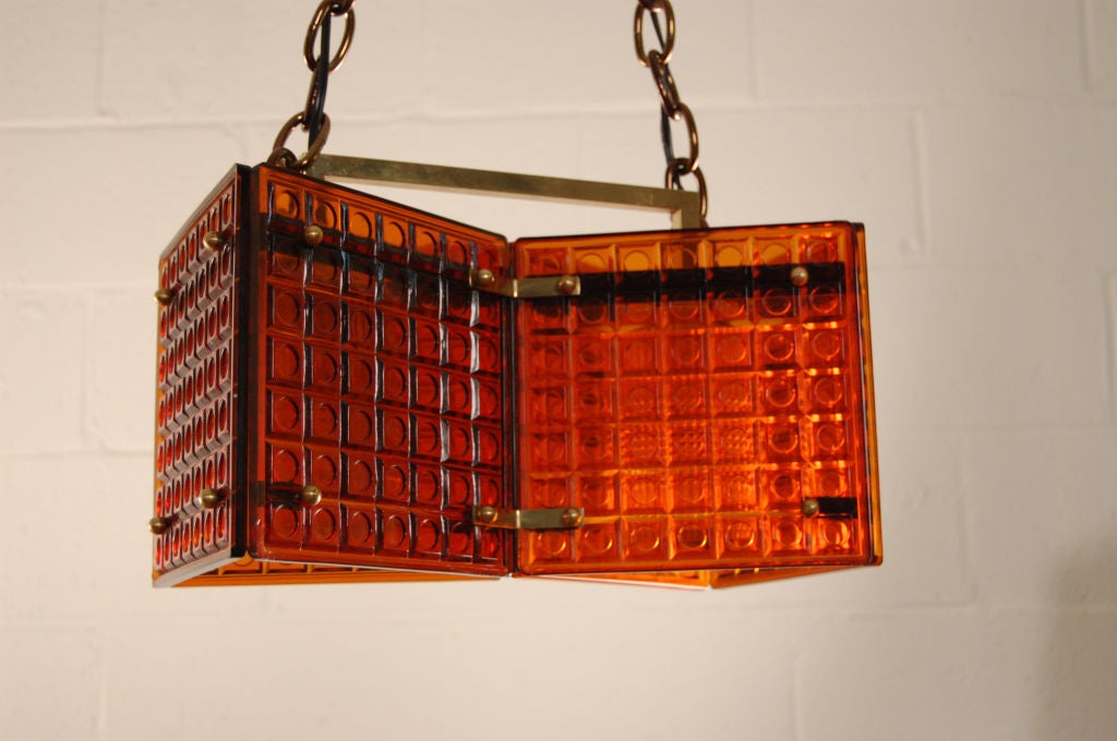 Swedish Mid-Century Burnt Orange Art Glass and Brass Pendant Chandelier