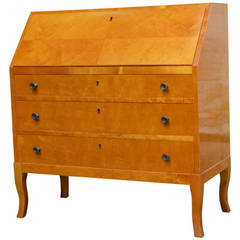 Swedish Art Moderne Golden Flame Birch Drop-Leaf Secretaire Writing Desk