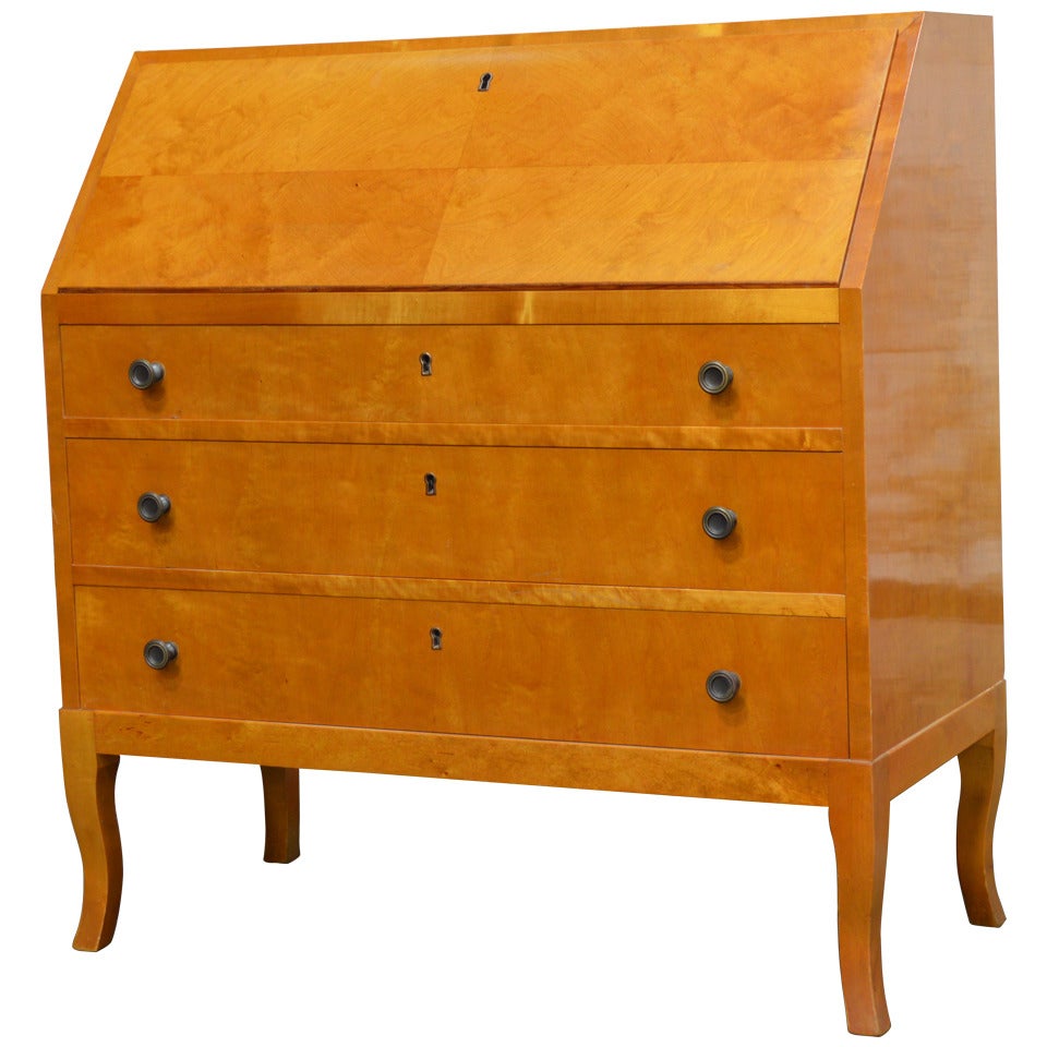 Swedish Art Moderne Golden Flame Birch Drop-Leaf Secretaire Writing Desk