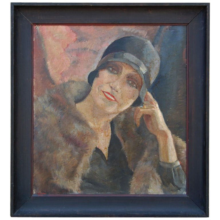 Portrait of Flapper by C. Brosset, Signed Oil on Canvas c. 1928 For Sale