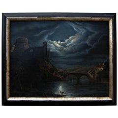 Antique Swedish Nightscape of the Gota Canal - Oil on Canvas