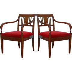 Pair Antique Swedish Empire Style Mahogany Arm Chairs