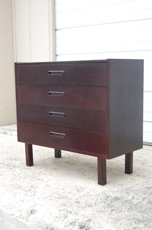 MCM Swedish Teak Four drawer Chest, stained dark walnut.  Perfect height as a console, end table or nightstand. 

Please let us know if you have any questions'