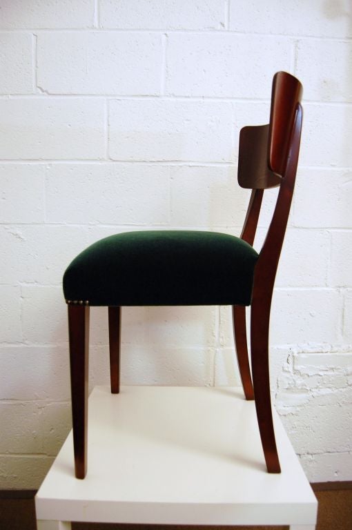 Set of six dining chairs - Newly restored and upholstered in emerald green mohair velvet and trimmed with bronze renaissance brass finish nail head tacks.<br />
<br />
Please contact us with any questions!