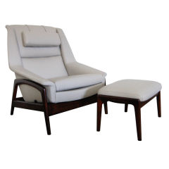 Mid-Century Leather and Teak Lounge Chair and Ottoman by Dux