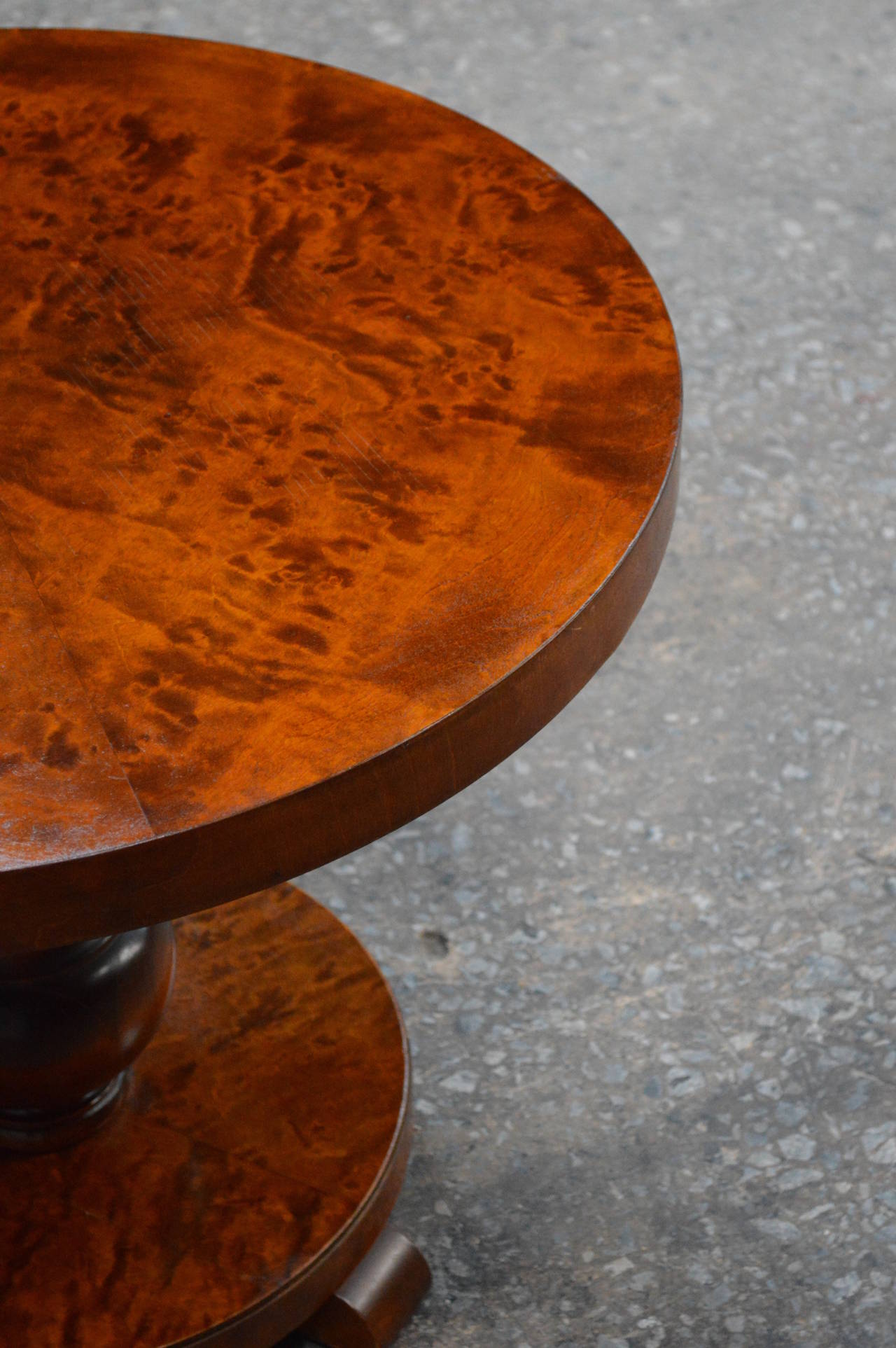 Swedish Round Flame Birch Pedestal End or Side Table In Excellent Condition In Atlanta, GA